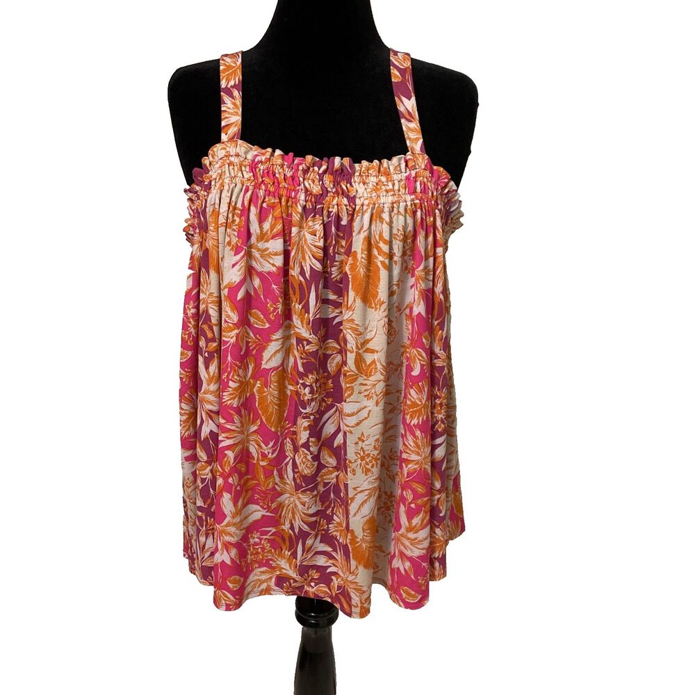 Cato Tank Top Womens 22/24W Pink Orange Tropical Floral Smocked Plus Size